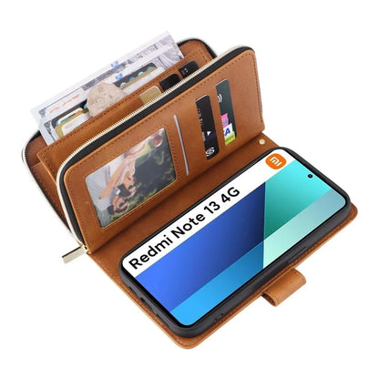 For Xiaomi Redmi Note 13 4G Case Zipper Leather Phone Cover with Stand Card Slots