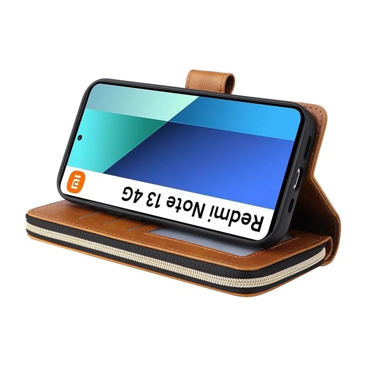 For Xiaomi Redmi Note 13 4G Case Zipper Leather Phone Cover with Stand Card Slots