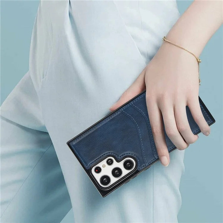 For Samsung Galaxy S22 Ultra 5G Card Case Phone Back Cover Shockproof PU+TPU Phone Shell