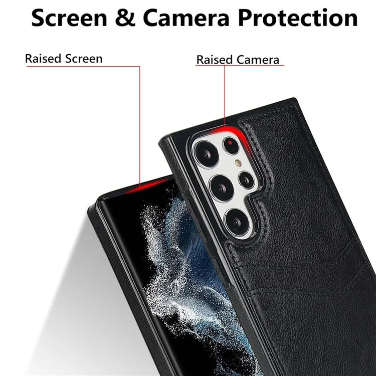 For Samsung Galaxy S22 Ultra 5G Card Case Phone Back Cover Shockproof PU+TPU Phone Shell