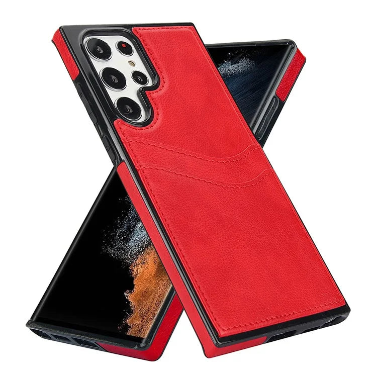 For Samsung Galaxy S22 Ultra 5G Card Case Phone Back Cover Shockproof PU+TPU Phone Shell