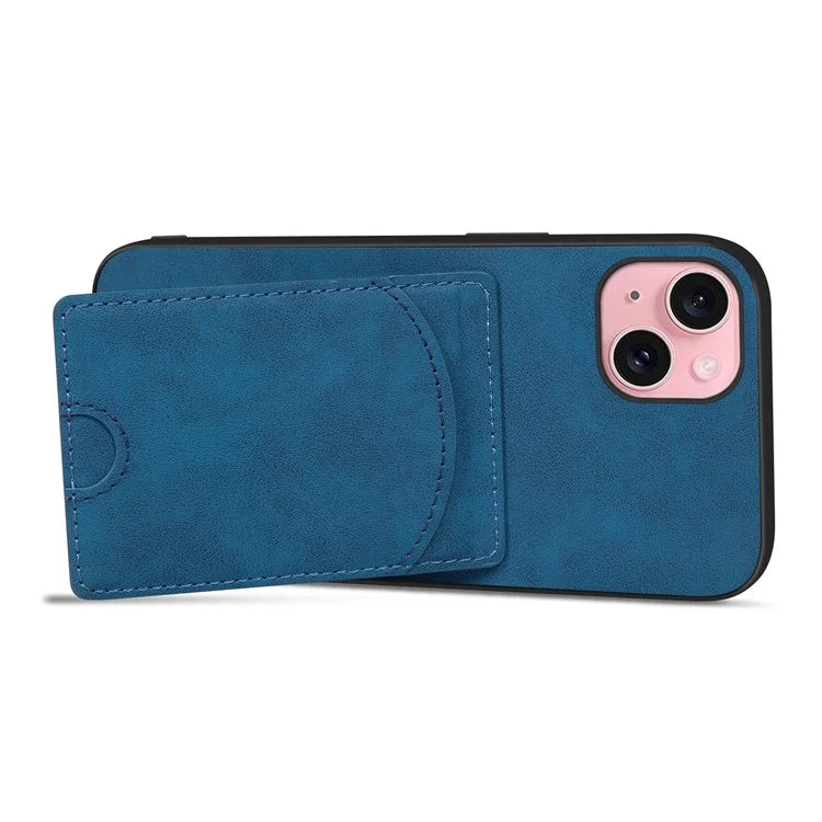 For iPhone 15 Kickstand Case PU+PC+TPU Phone Cover with Card Holder