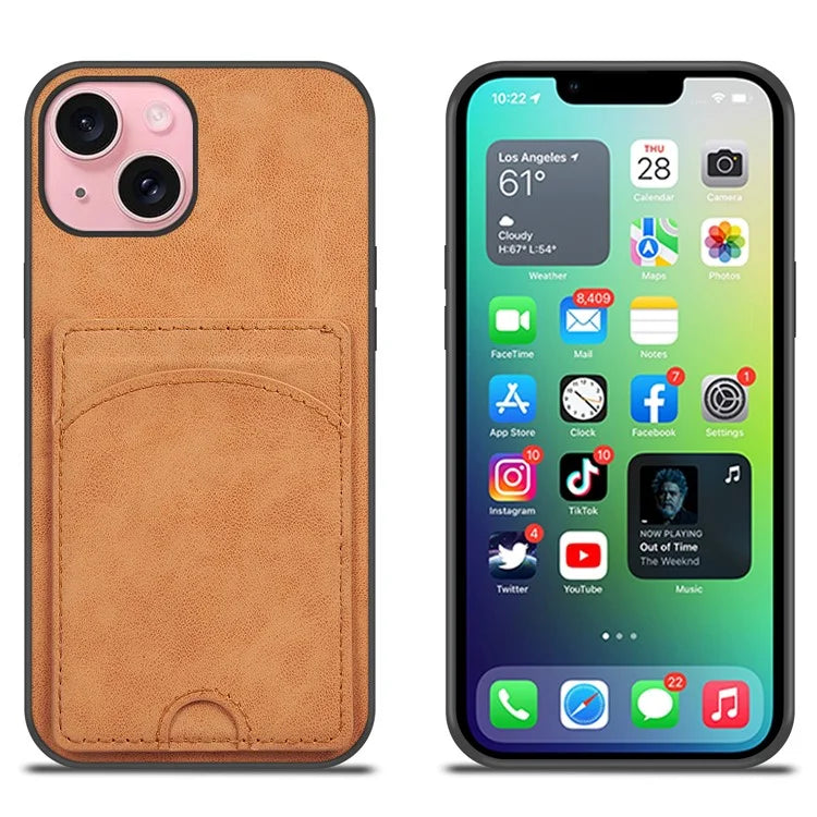 For iPhone 15 Kickstand Case PU+PC+TPU Phone Cover with Card Holder