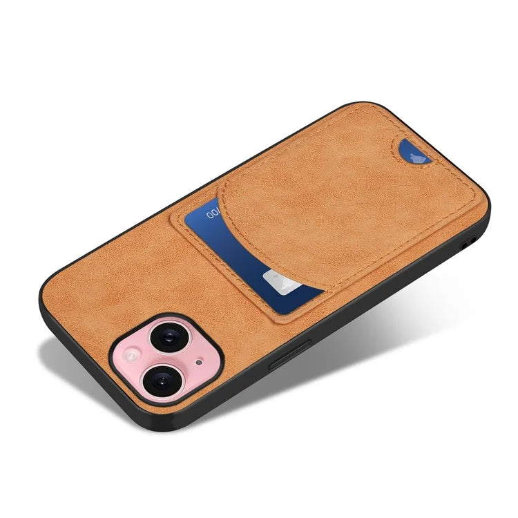 For iPhone 15 Kickstand Case PU+PC+TPU Phone Cover with Card Holder