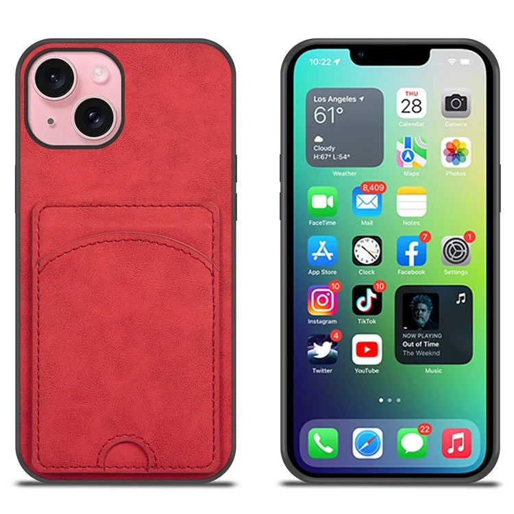 For iPhone 15 Kickstand Case PU+PC+TPU Phone Cover with Card Holder