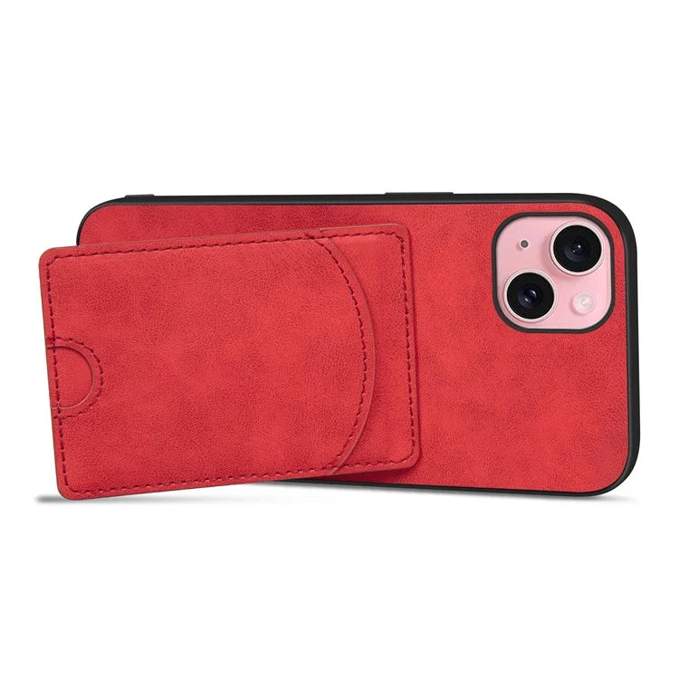 For iPhone 15 Kickstand Case PU+PC+TPU Phone Cover with Card Holder