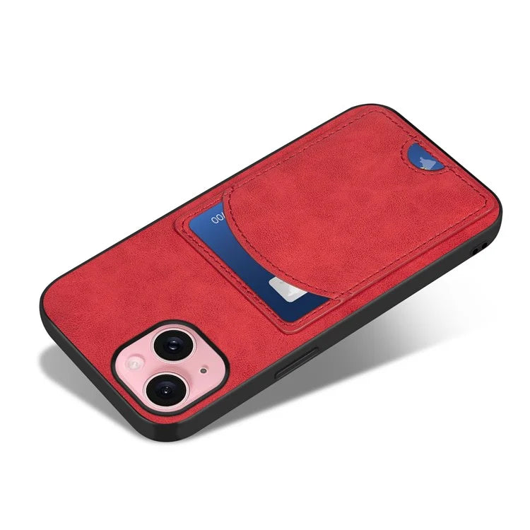 For iPhone 15 Kickstand Case PU+PC+TPU Phone Cover with Card Holder