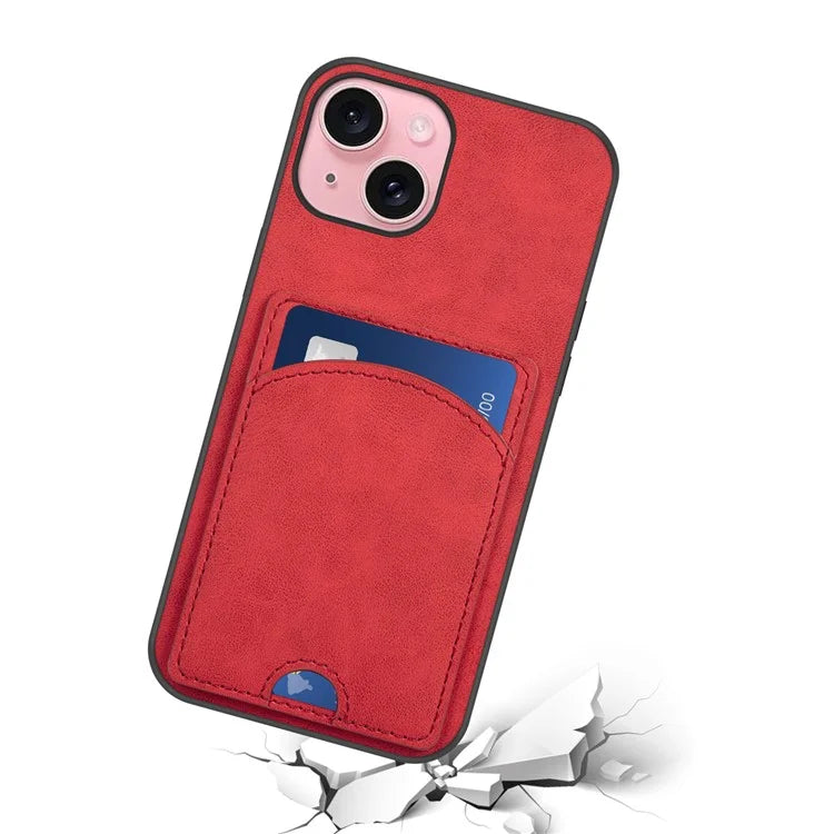 For iPhone 15 Kickstand Case PU+PC+TPU Phone Cover with Card Holder