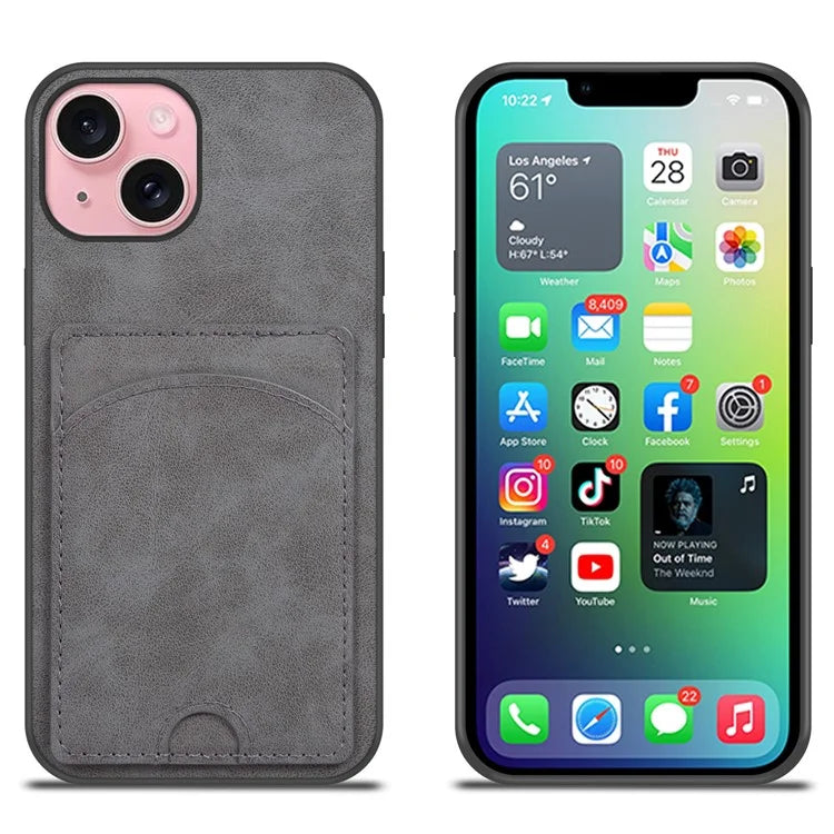 For iPhone 15 Kickstand Case PU+PC+TPU Phone Cover with Card Holder