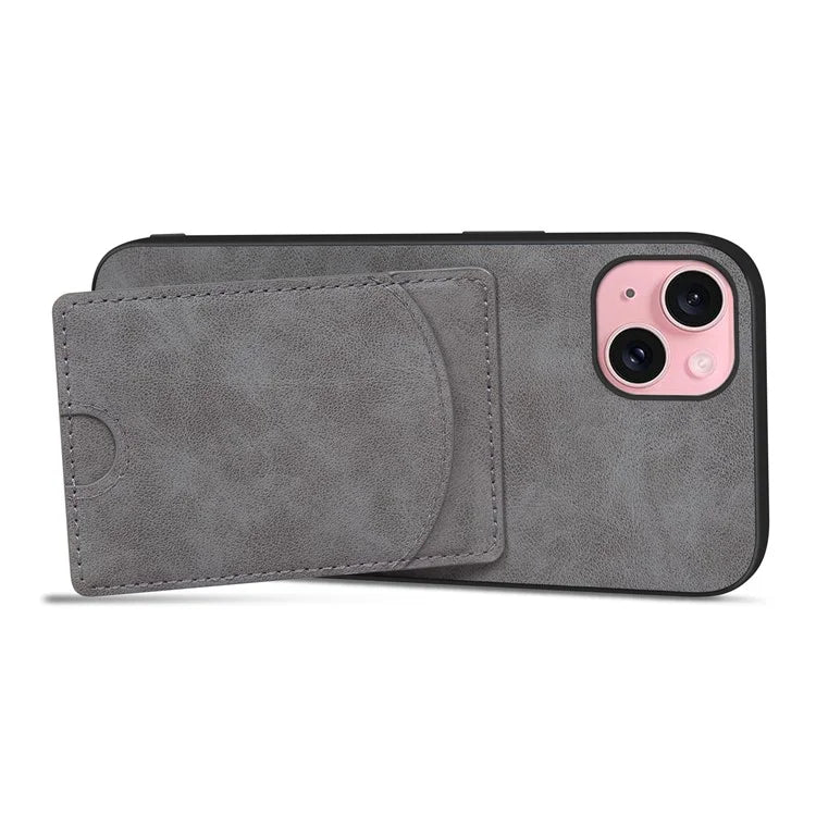 For iPhone 15 Kickstand Case PU+PC+TPU Phone Cover with Card Holder