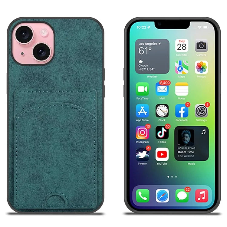 For iPhone 15 Kickstand Case PU+PC+TPU Phone Cover with Card Holder