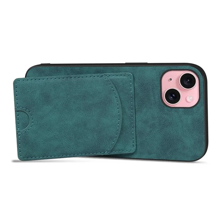 For iPhone 15 Kickstand Case PU+PC+TPU Phone Cover with Card Holder