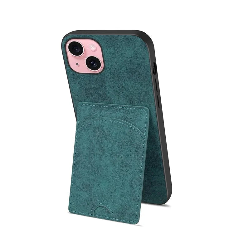 For iPhone 15 Kickstand Case PU+PC+TPU Phone Cover with Card Holder