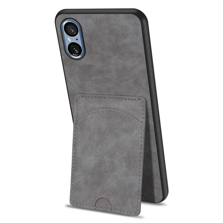 For Sony Xperia 5 V Kickstand Case Card Slot Leather Coated PC+TPU Hybrid Phone Cover