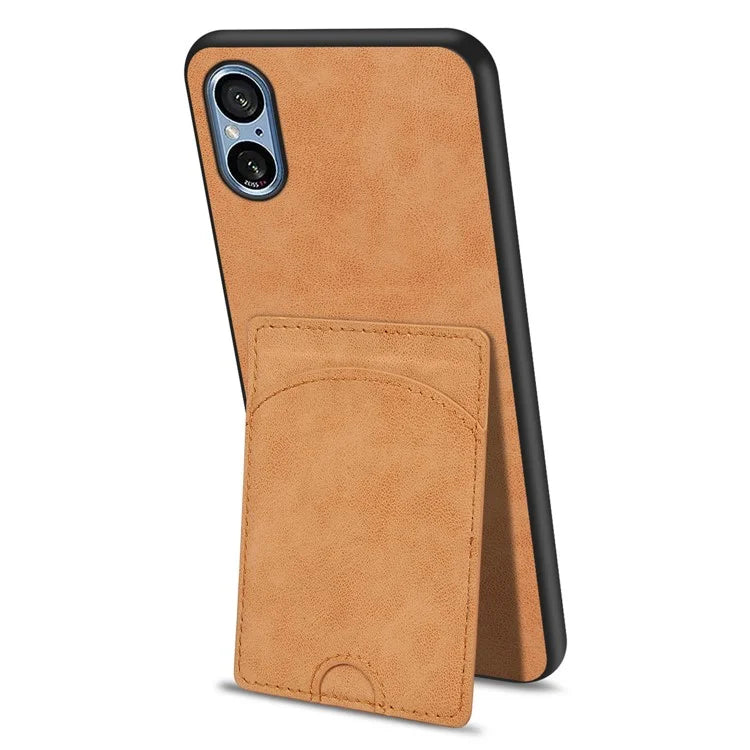 For Sony Xperia 5 V Kickstand Case Card Slot Leather Coated PC+TPU Hybrid Phone Cover