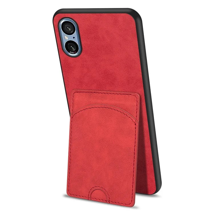 For Sony Xperia 5 V Kickstand Case Card Slot Leather Coated PC+TPU Hybrid Phone Cover