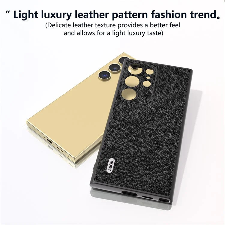 ABEEL For Samsung Galaxy S24 Ultra Case Litchi Texture Genuine Cow Leather+PC+TPU Cover