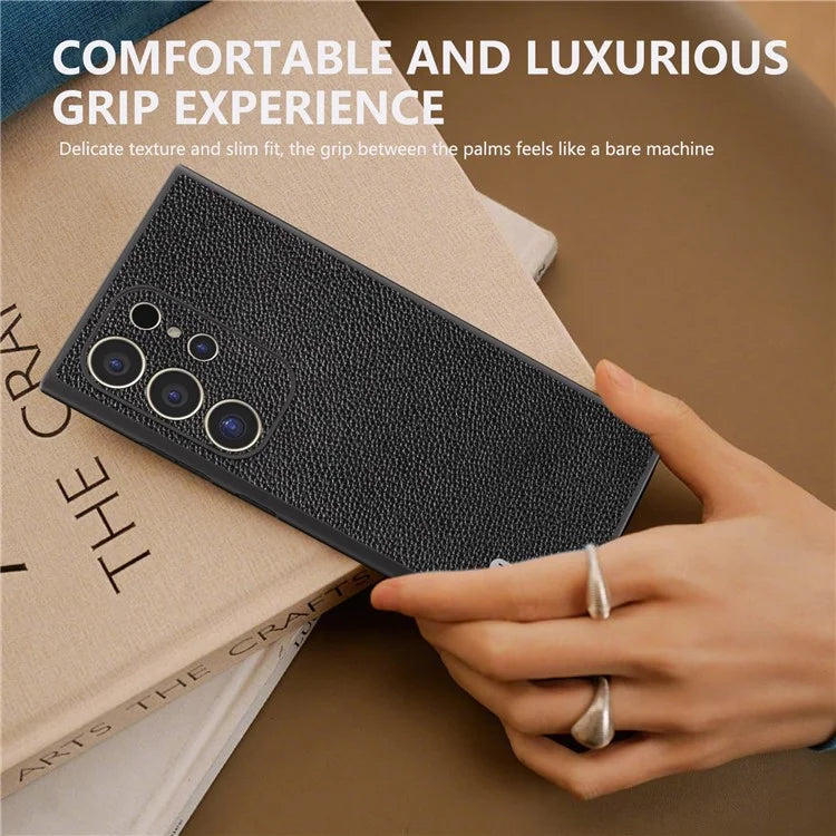 ABEEL For Samsung Galaxy S24 Ultra Case Litchi Texture Genuine Cow Leather+PC+TPU Cover