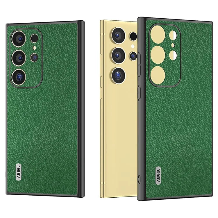 ABEEL For Samsung Galaxy S24 Ultra Case Litchi Texture Genuine Cow Leather+PC+TPU Cover