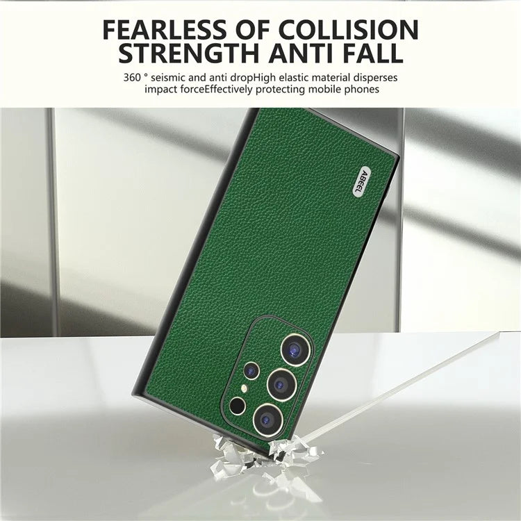 ABEEL For Samsung Galaxy S24 Ultra Case Litchi Texture Genuine Cow Leather+PC+TPU Cover