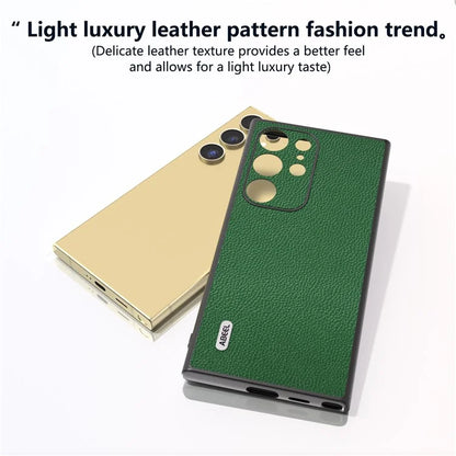 ABEEL For Samsung Galaxy S24 Ultra Case Litchi Texture Genuine Cow Leather+PC+TPU Cover