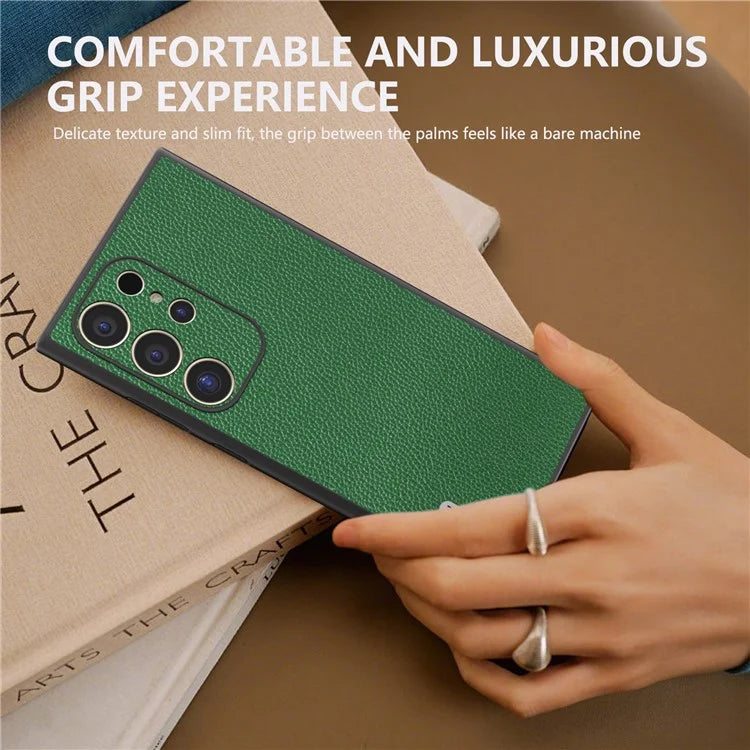 ABEEL For Samsung Galaxy S24 Ultra Case Litchi Texture Genuine Cow Leather+PC+TPU Cover