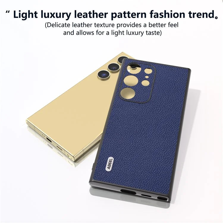 ABEEL For Samsung Galaxy S24 Ultra Case Litchi Texture Genuine Cow Leather+PC+TPU Cover