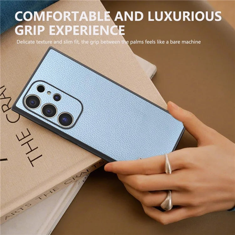 ABEEL For Samsung Galaxy S24 Ultra Case Litchi Texture Genuine Cow Leather+PC+TPU Cover