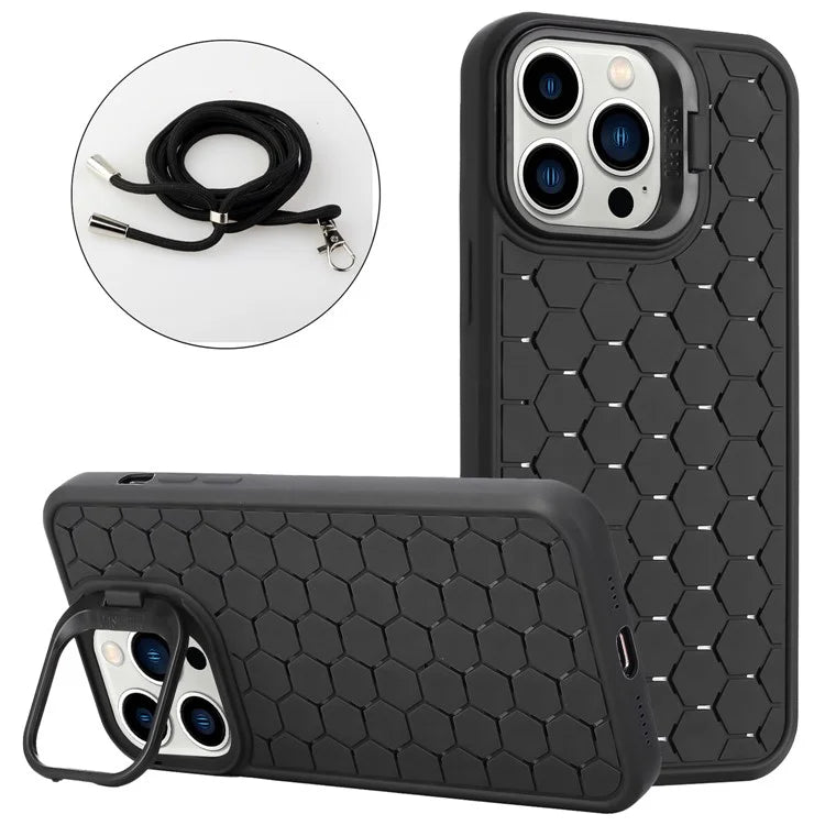 For iPhone 12 Pro Max Case with Shoulder Strap Kickstand Heat Dissipation TPU Phone Cover