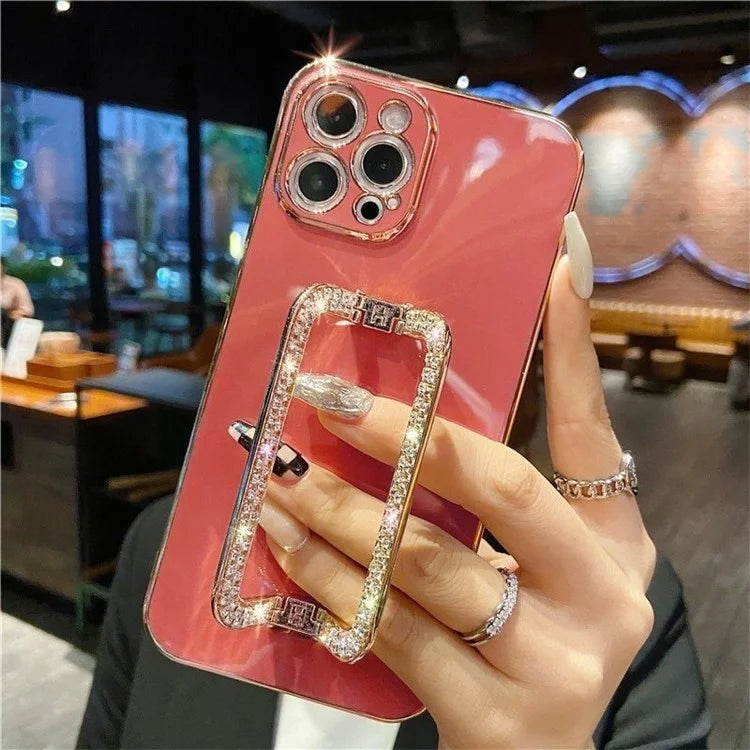 For iPhone 14 Pro Max Cover Rhinestone Decor Kickstand Electroplated TPU Phone Case