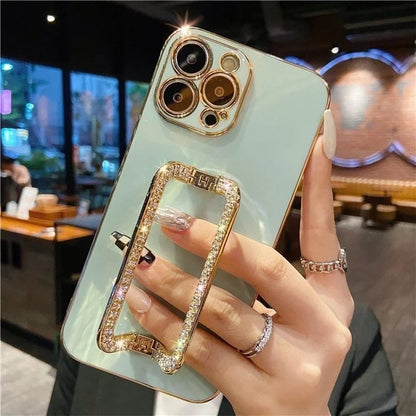 For iPhone 15 Pro Max Cover Shiny Rectangular Kickstand Electroplating TPU Phone Case