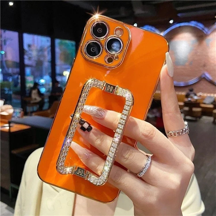 For iPhone 15 Pro Max Cover Shiny Rectangular Kickstand Electroplating TPU Phone Case