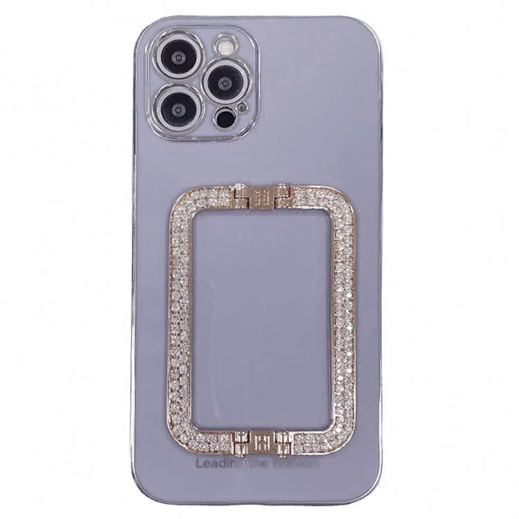 For iPhone 15 Pro Anti-scratch Phone Cover Rhinestone Decor Rectangular Kickstand TPU Case