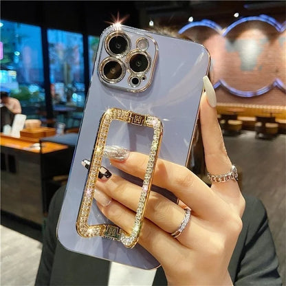 For iPhone 15 Pro Anti-scratch Phone Cover Rhinestone Decor Rectangular Kickstand TPU Case