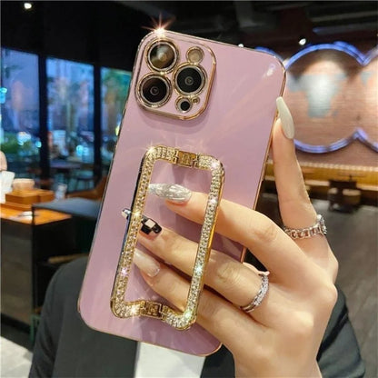For iPhone 15 Pro Anti-scratch Phone Cover Rhinestone Decor Rectangular Kickstand TPU Case