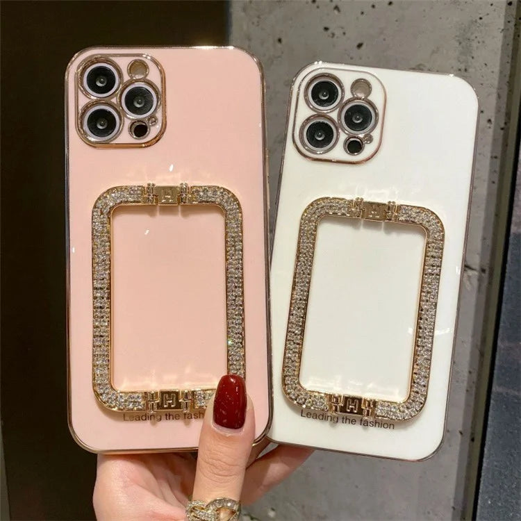 For iPhone 15 Pro Anti-scratch Phone Cover Rhinestone Decor Rectangular Kickstand TPU Case