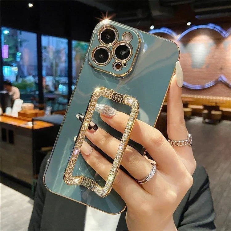 For iPhone 15 Pro Anti-scratch Phone Cover Rhinestone Decor Rectangular Kickstand TPU Case