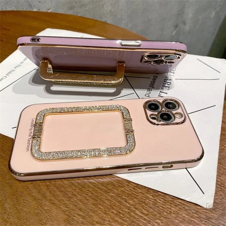 For iPhone 15 Pro Anti-scratch Phone Cover Rhinestone Decor Rectangular Kickstand TPU Case