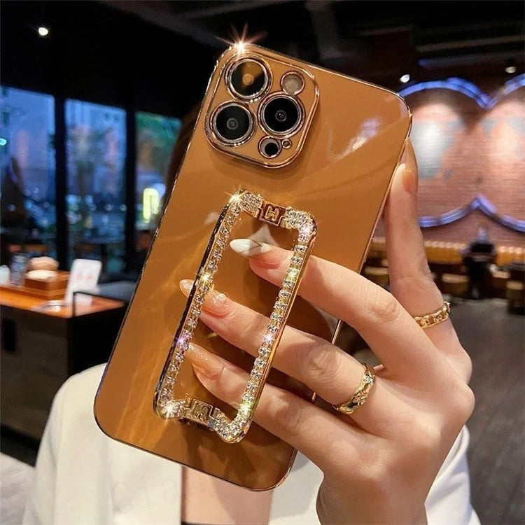 For iPhone 15 Pro Anti-scratch Phone Cover Rhinestone Decor Rectangular Kickstand TPU Case