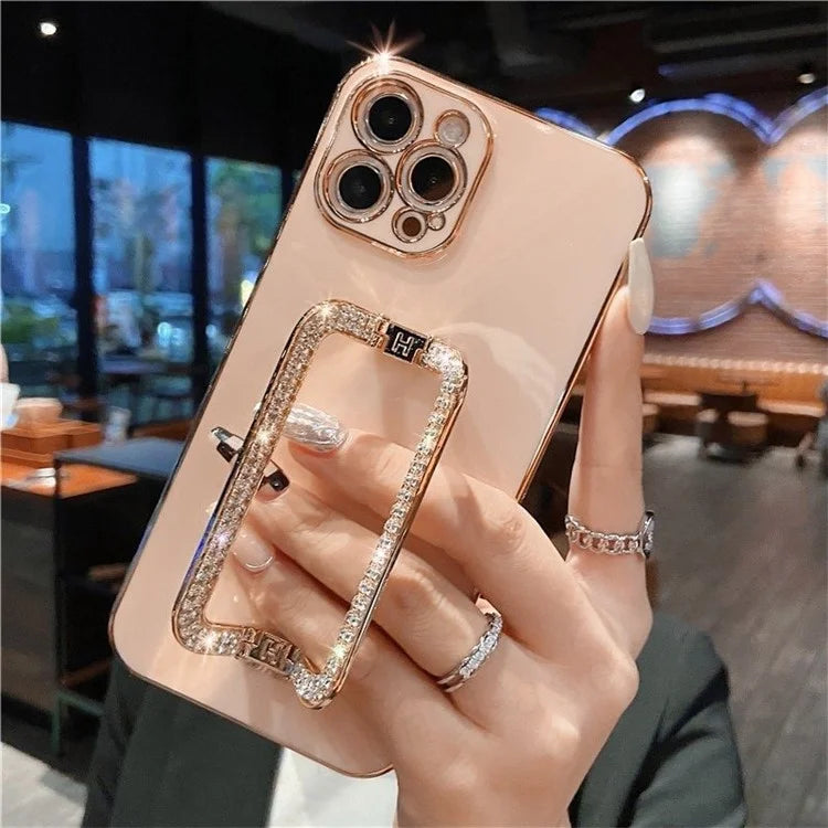 For iPhone 15 Pro Anti-scratch Phone Cover Rhinestone Decor Rectangular Kickstand TPU Case