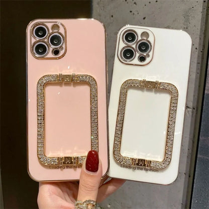 For iPhone 15 Pro Anti-scratch Phone Cover Rhinestone Decor Rectangular Kickstand TPU Case