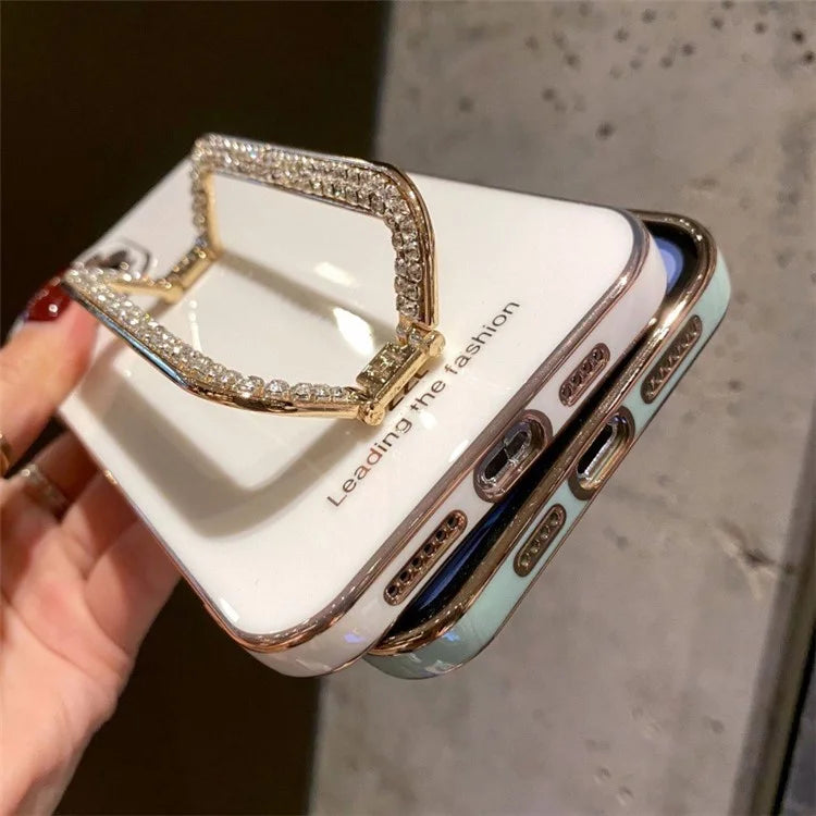 For iPhone 15 Pro Anti-scratch Phone Cover Rhinestone Decor Rectangular Kickstand TPU Case