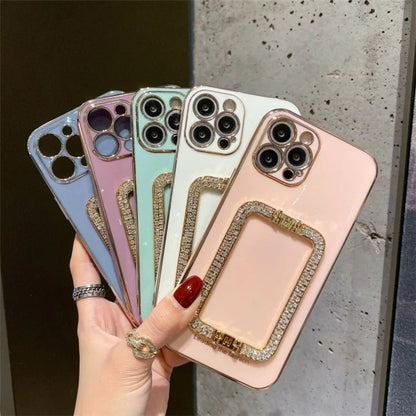 For iPhone 15 Pro Anti-scratch Phone Cover Rhinestone Decor Rectangular Kickstand TPU Case