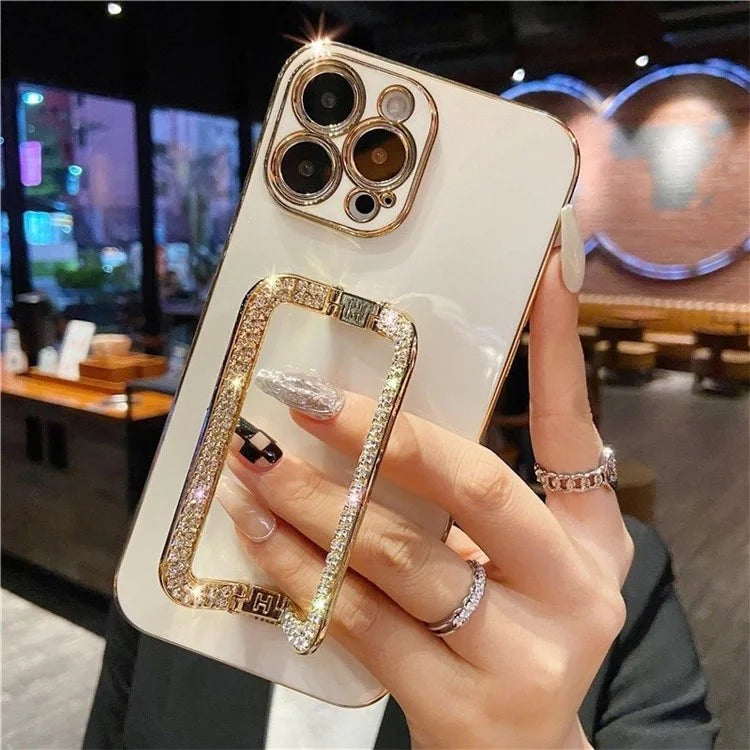 For iPhone 15 Pro Anti-scratch Phone Cover Rhinestone Decor Rectangular Kickstand TPU Case