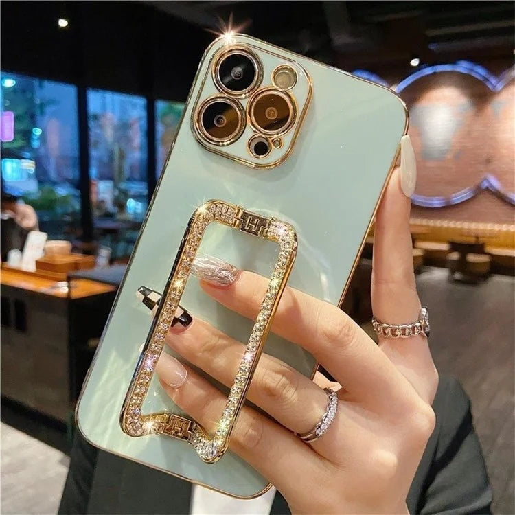 For iPhone 15 Pro Anti-scratch Phone Cover Rhinestone Decor Rectangular Kickstand TPU Case