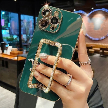 For iPhone 15 Pro Anti-scratch Phone Cover Rhinestone Decor Rectangular Kickstand TPU Case