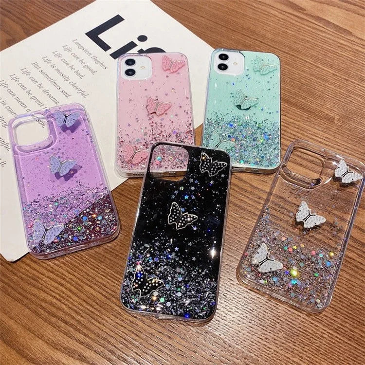 For iPhone 12 Cover Sequins Decor Epoxy Butterfly TPU Phone Case