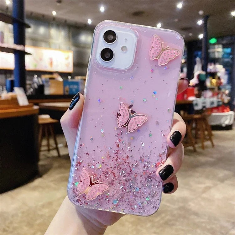 For iPhone 12 Cover Sequins Decor Epoxy Butterfly TPU Phone Case