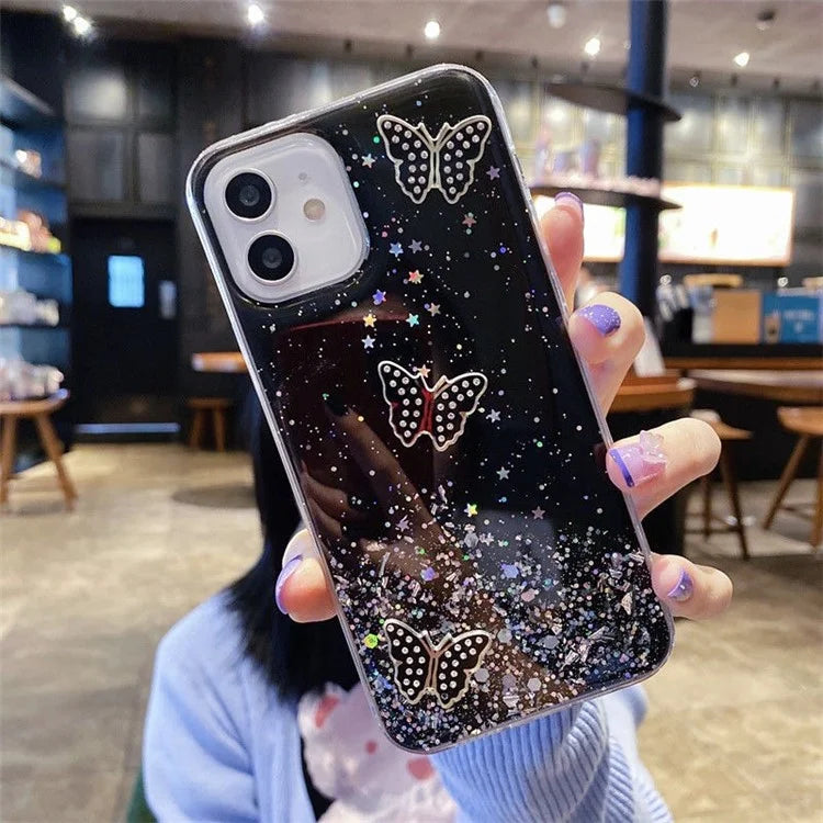 For iPhone 12 Cover Sequins Decor Epoxy Butterfly TPU Phone Case