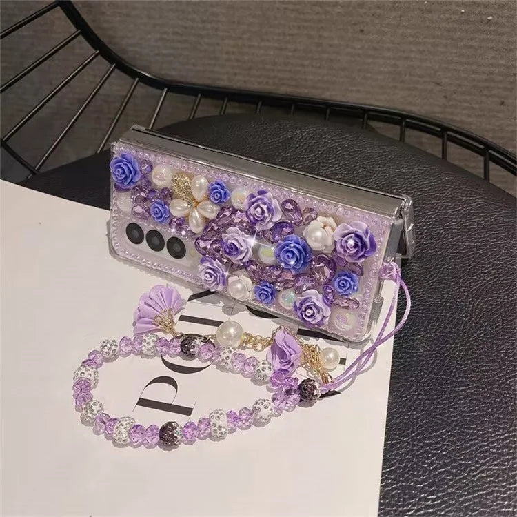 For Samsung Galaxy Z Fold4 5G Case Faux Pearl Decor Rhinestone Flower Hard PC Phone Cover with Bracelet